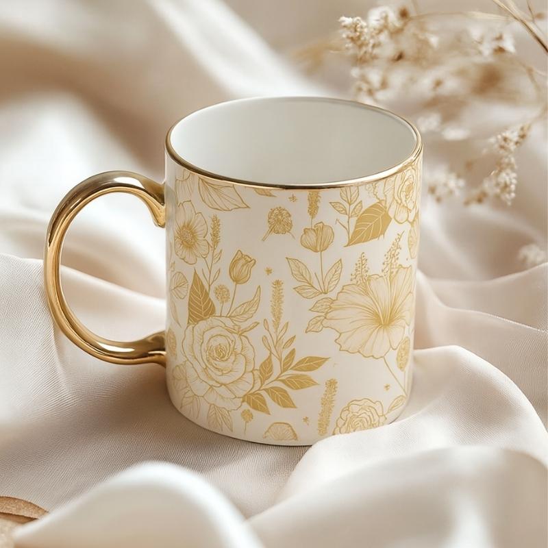 10oz Bone China White Mug with Gold Rim and Handle 