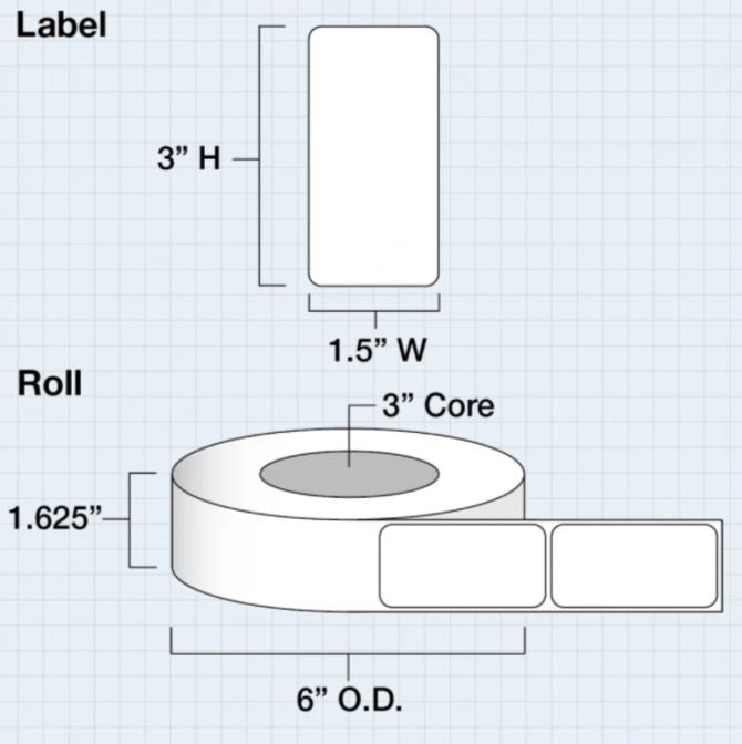 15 in x 3 in (38 x 76mm) Die Cut White Gloss Polyester for IColor 200 / 250 (600 labels per roll) - Joto Imaging Supplies US