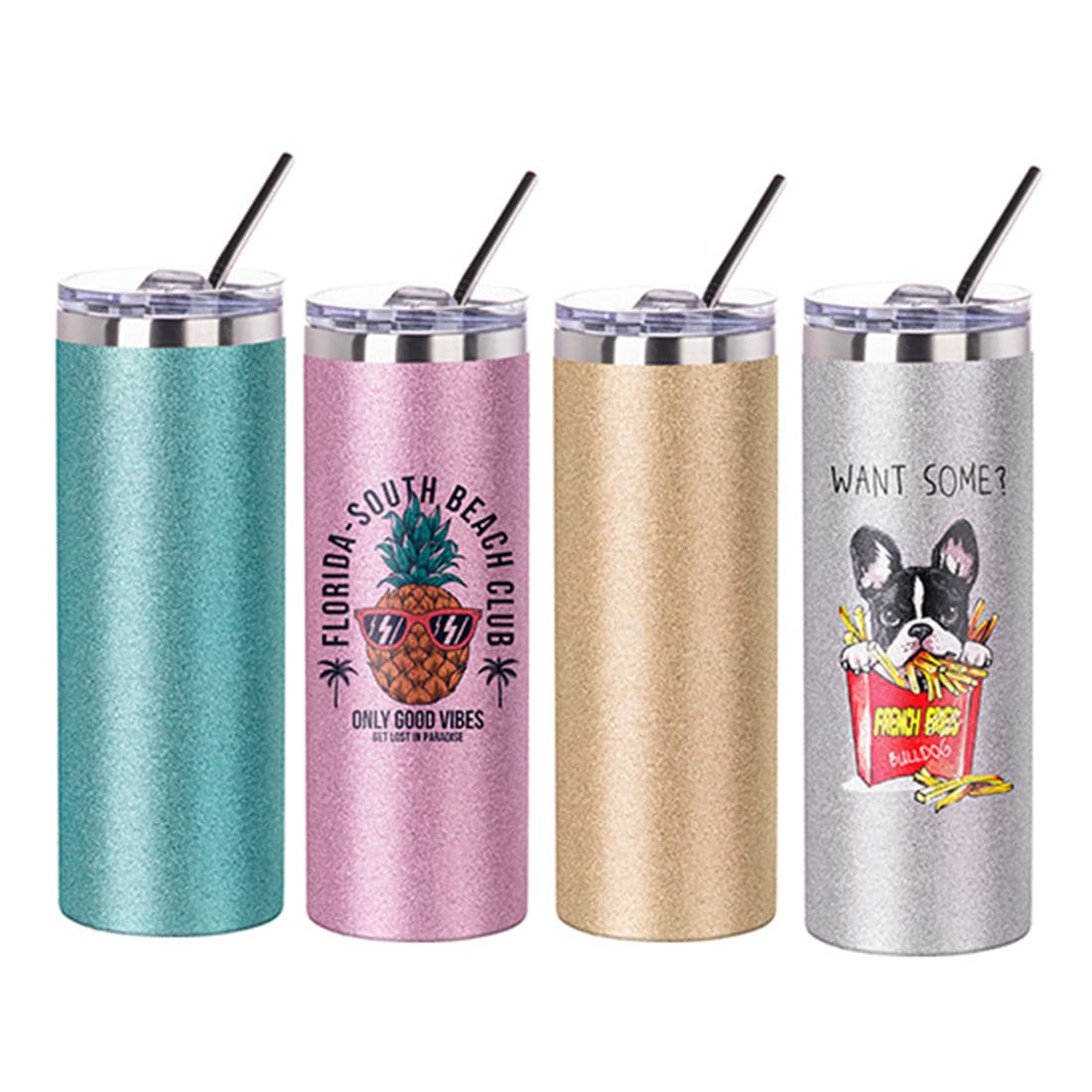 20 oz/600 ml Sublimation Glitter Stainless Steel Silver Skinny Tumbler with Straw & Lid - Pack of 5