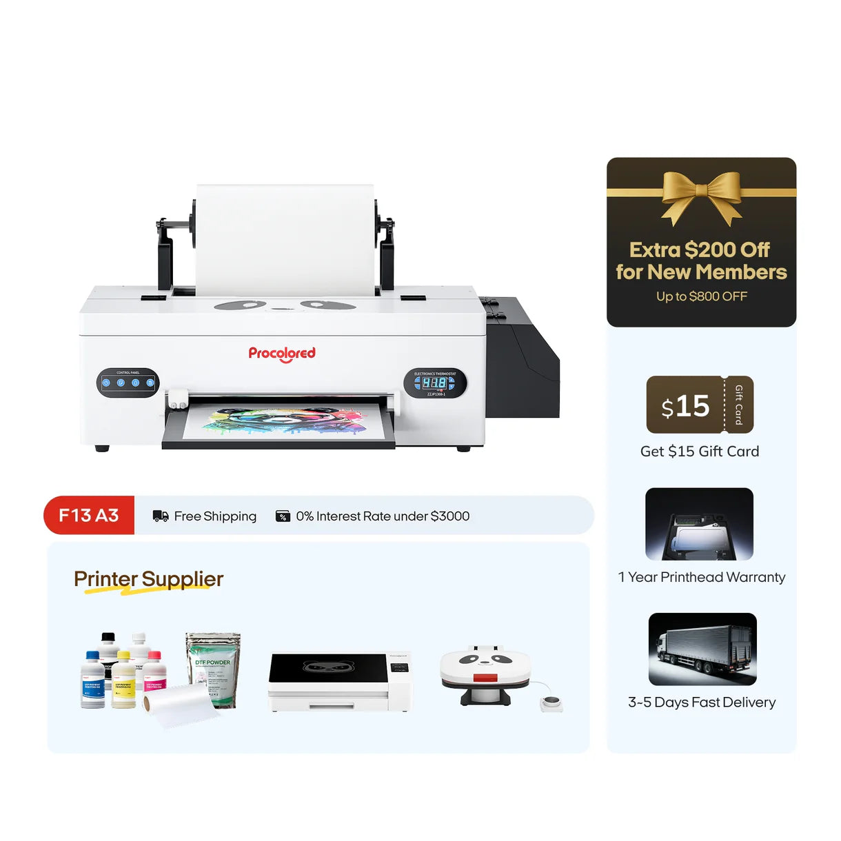 Procolored F13 Panda DTF Printer 13" A3 L1800 & Complete Bundle Premium - Joto Imaging Supplies US