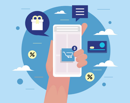 Hand holding a smartphone with shopping and loyalty rewards icons around it.