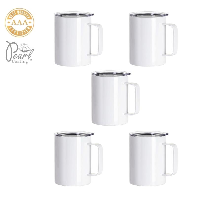 Pearl Coating 13oz 400ml Sublimation Stainless Steel Coffee Cup with Clear Flat Lid Handle Pack of 5