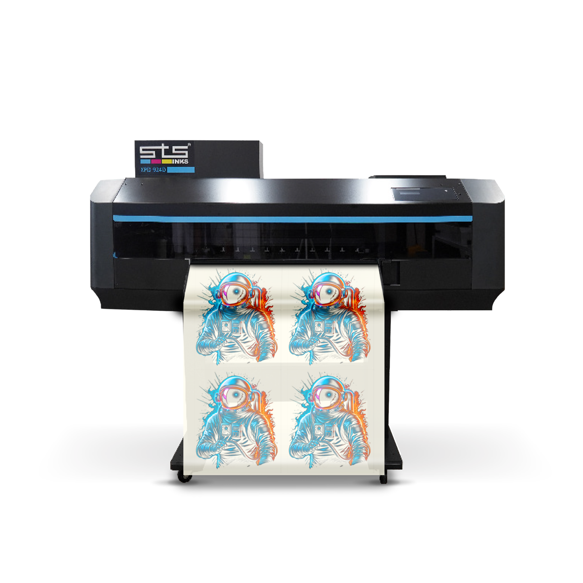 An STS 924D wide-format digital proof printer with a black chassis and blue accent lines, shown printing a sheet of four colorful astronaut illustrations on a white background.