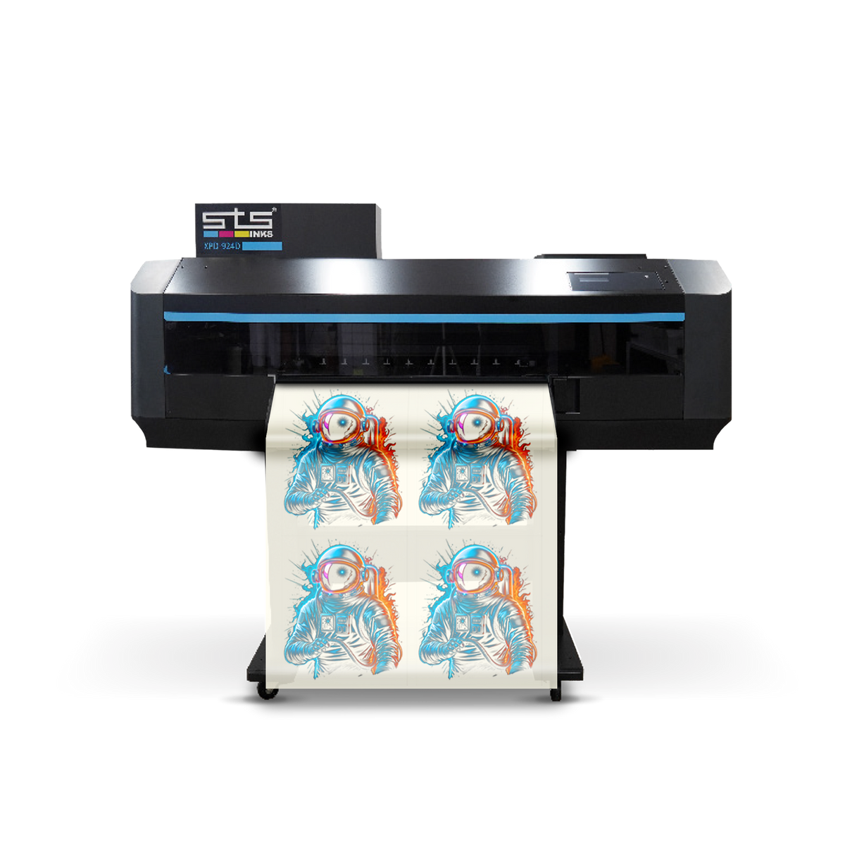 An STS 924D wide-format digital proof printer with a black chassis and blue accent lines, shown printing a sheet of four colorful astronaut illustrations on a white background.