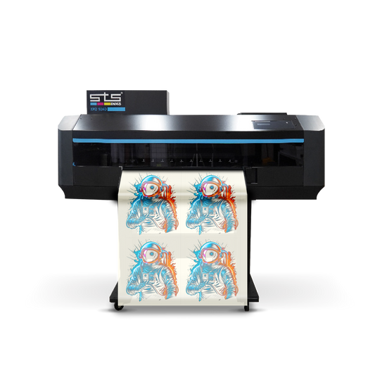 An STS 924D wide-format digital proof printer with a black chassis and blue accent lines, shown printing a sheet of four colorful astronaut illustrations on a white background.