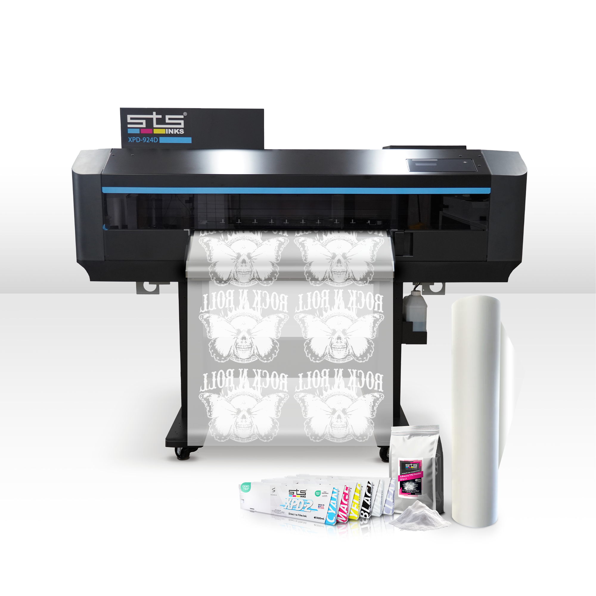 STS 924 printer with printed material and ink cartridges on a white background