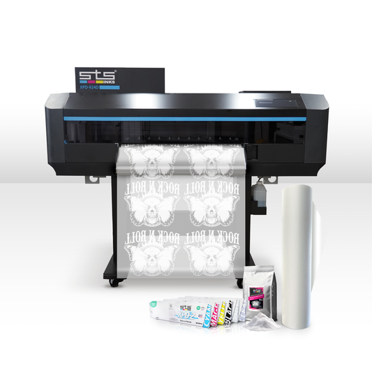 STS 924 printer with printed material and ink cartridges on a white background