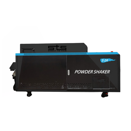A black powder shaker machine with a blue accent stripe and white text, branded with 'STS' and 'S-24', shown on a plain white background.