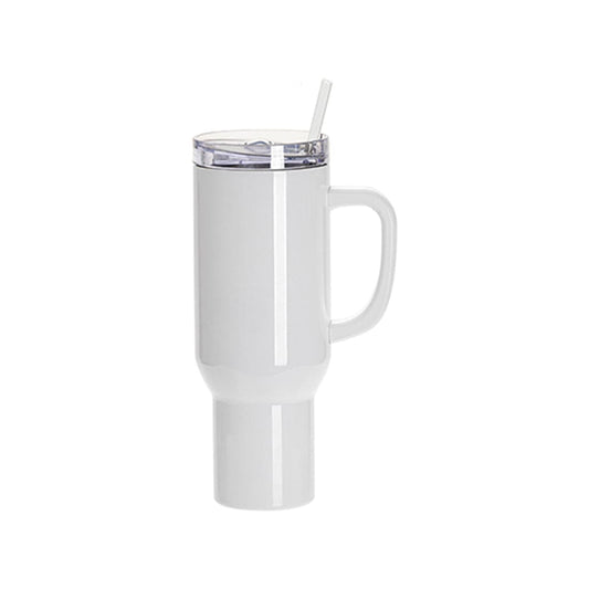 40 oz Sublimation Stainless Steel White Tumbler with Clear Flat Lid & Handle - Pack of 5